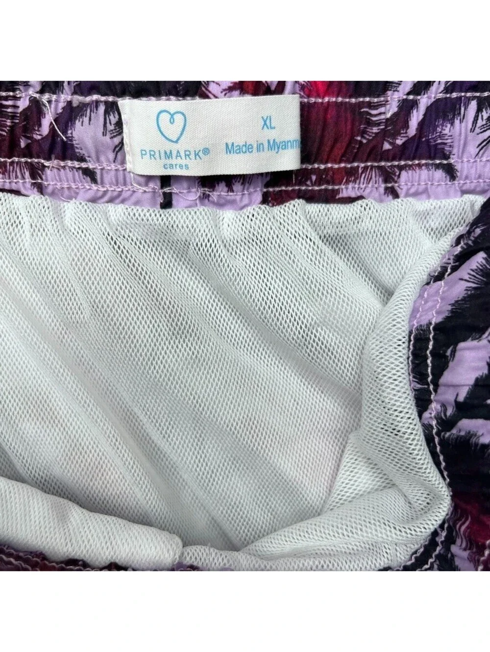 Primark Mens Purple Palm Tree Swim Trunks Board Shorts XL Beach Y2K Surf Vaca